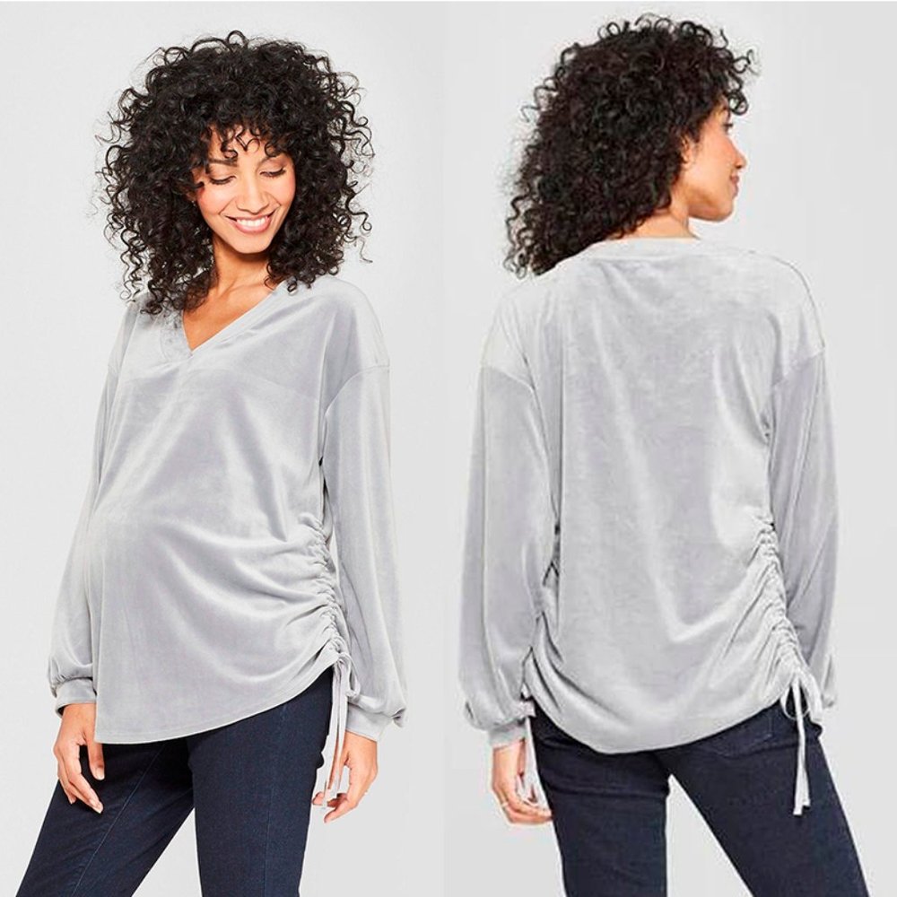 ISABEL Maternity Grey Velour Side-Ruched VNeck‎ Pullover Sz M